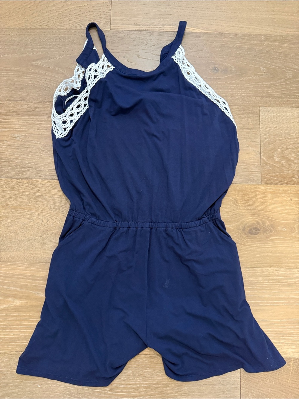 Lilly Pulitzer Navy Romper with Cream Crochet Trim